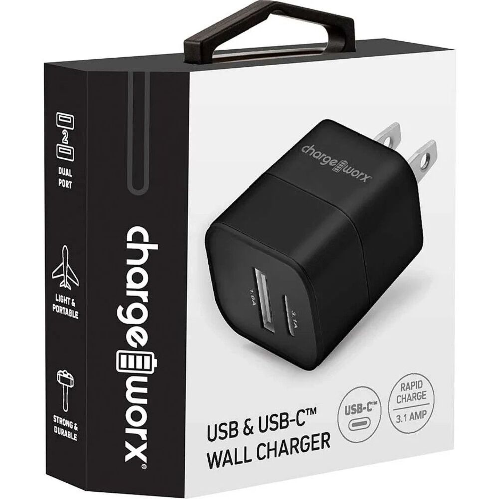 ChargeWorx Dual USB & USB‑C Wall Charger –Fast Charge Compact Wall Adapter Black